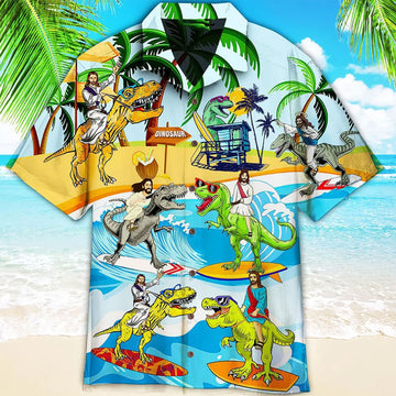 Funny Jesus Riding Dino Hawaiian Shirt, Christian Dinosaur Aloha Beach Party Shirt