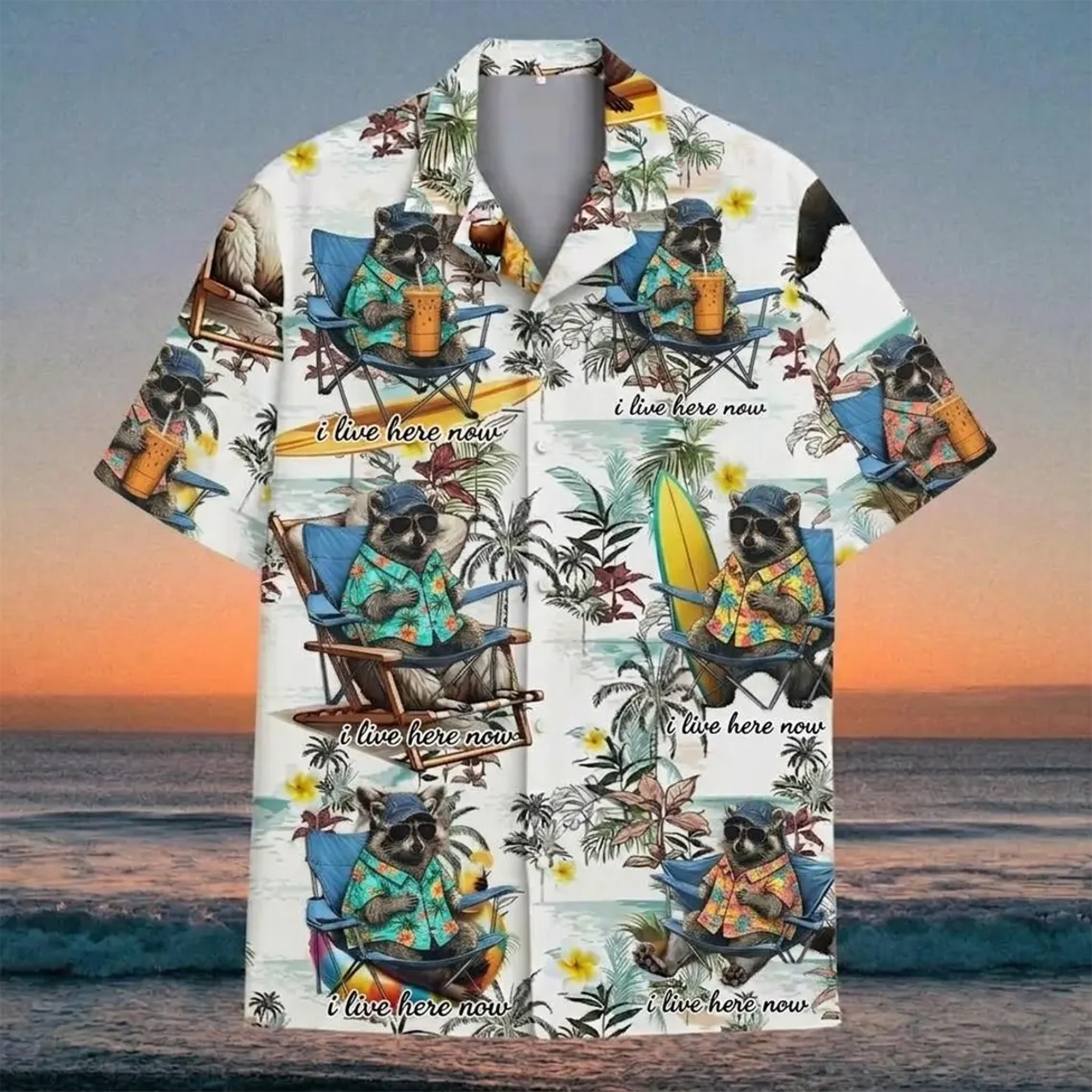 I Live Here Now Raccoon Shirt, Funny Tropical Hawaiian Beach Shirt