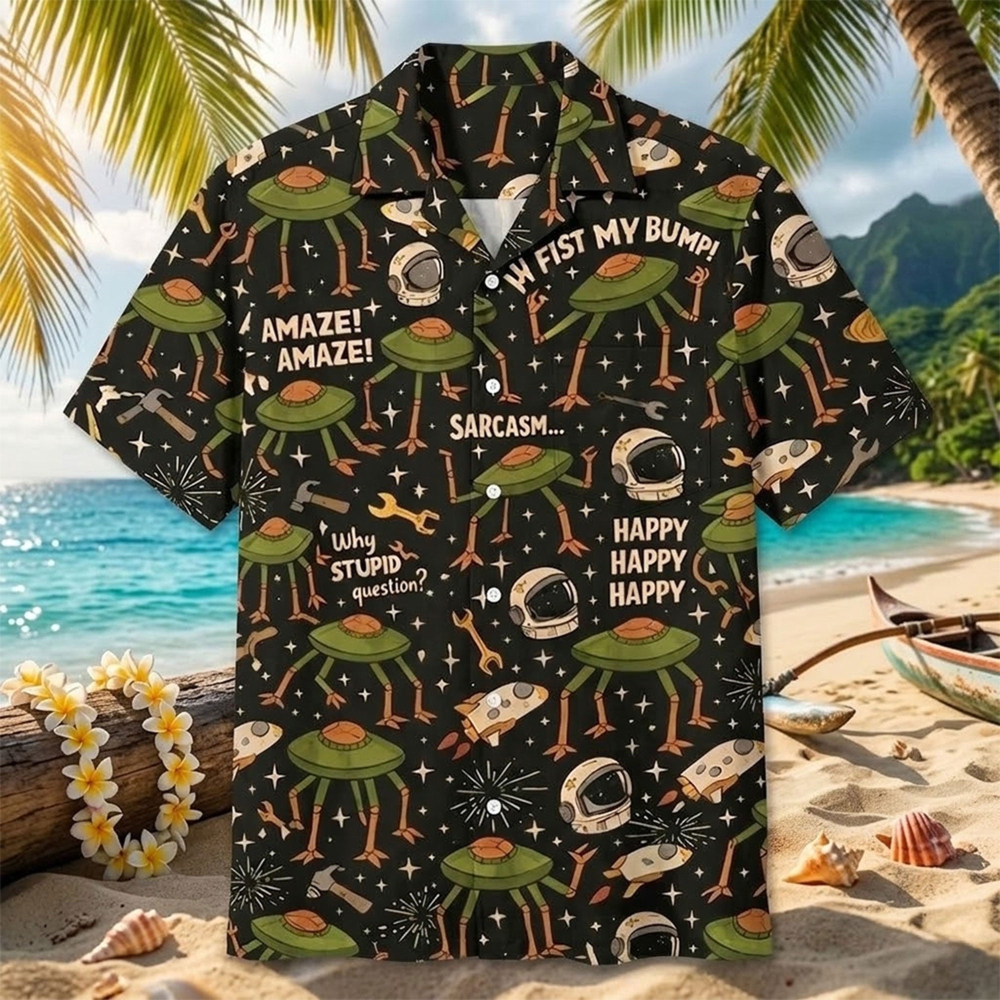 Funny Alien Hawaiian Shirt, UFO Space Aloha Shirt for Men, Sarcastic Humor Button Up Shirt, Astronaut Galaxy Summer Shirt, Gift for Space Lovers