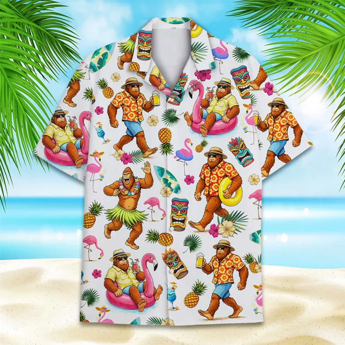 Bigfoot Tiki Hawaiian Shirt,  Flamingo Tropical Funny Aloha Beach Shirt