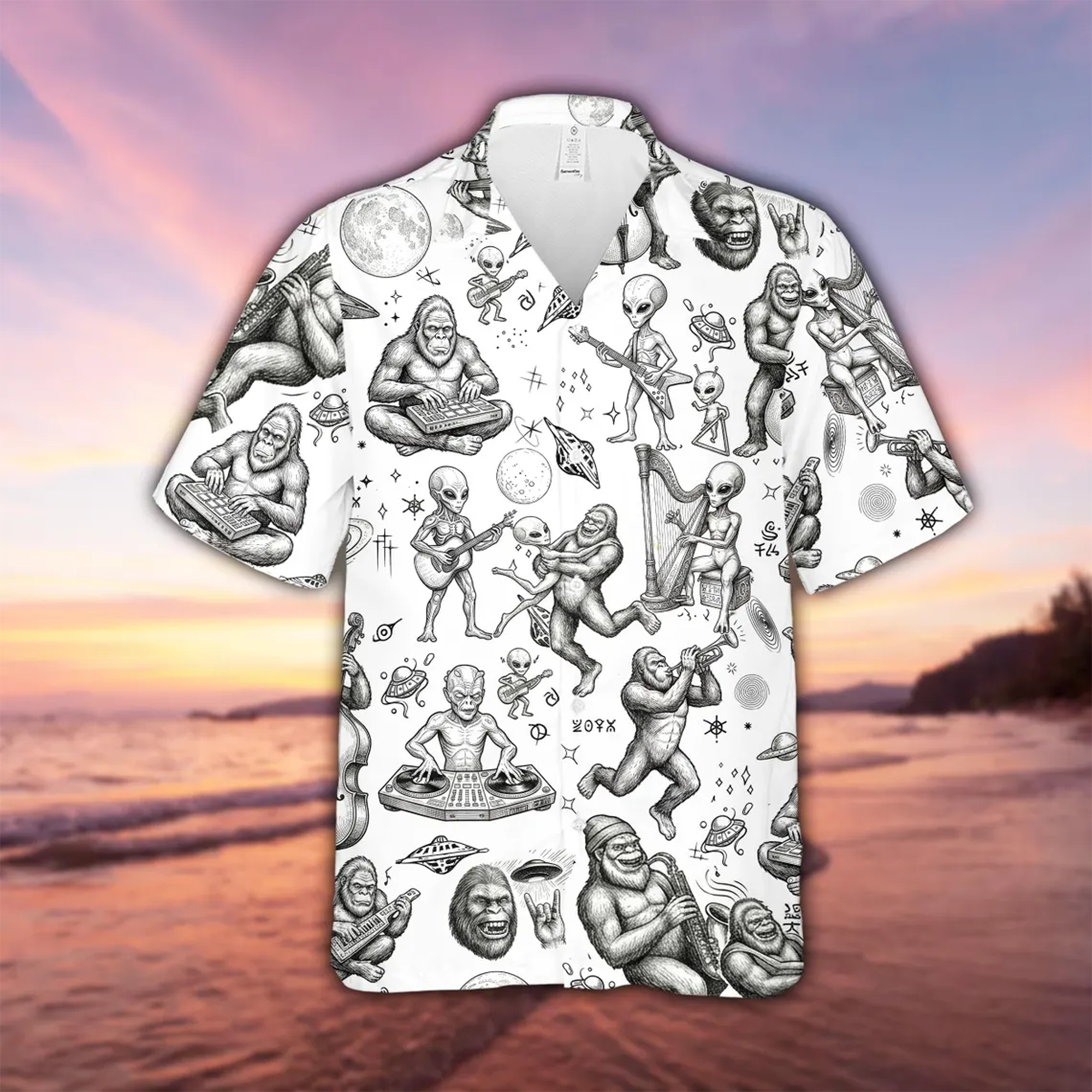 Trippy Mushroom Hawaiian Shirt, Bigfoot Psychedelic Festival Aloha Shirt (Copy)Bigfoot UFO Hawaiian Shirt ,Alien Sasquatch Vintage Sketch Aloha Shirt