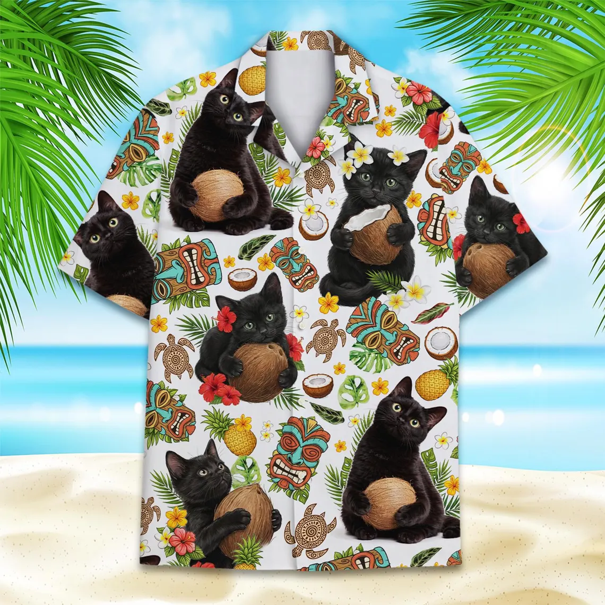 Funny Black Cat Hawaiian Shirt, Coconut Cat Tropical Print Button Up Beach Shirt