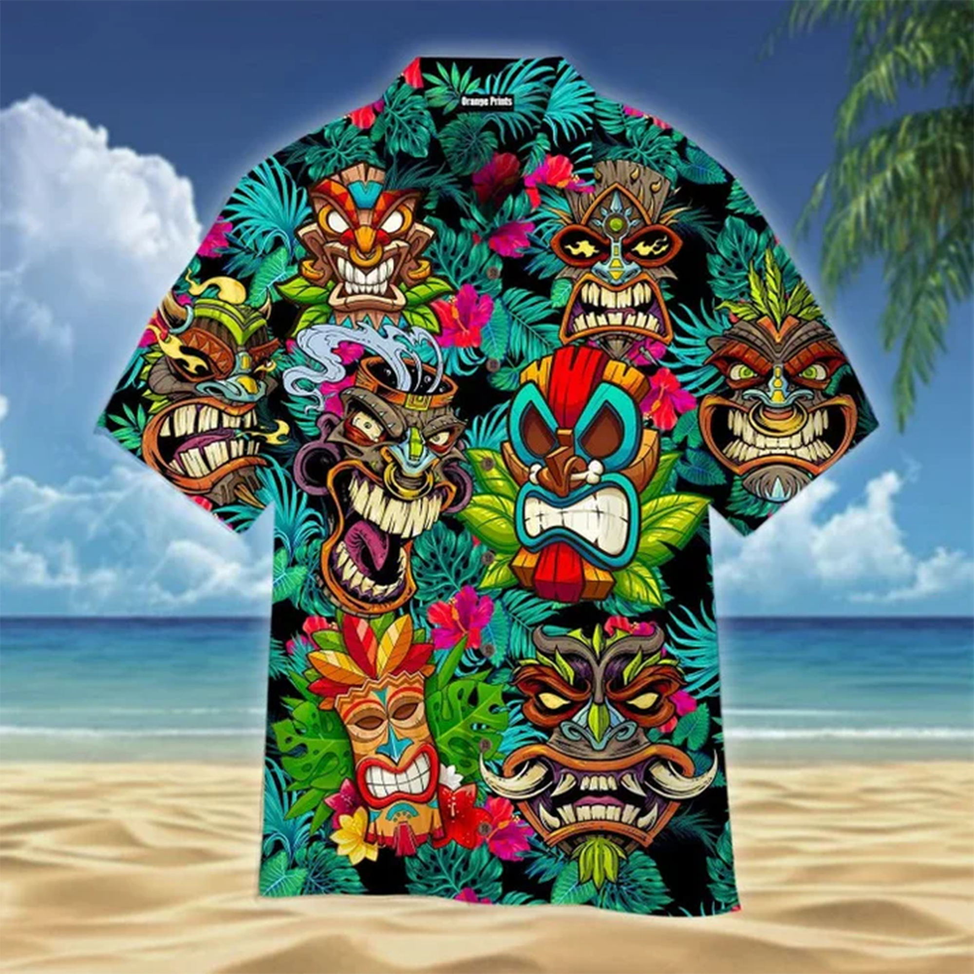 Tiki Mask Hawaiian Shirt, Mens Funny Floral Beach Aloha Party Shirt