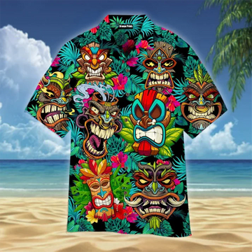 Tiki Mask Hawaiian Shirt, Mens Funny Floral Beach Aloha Party Shirt