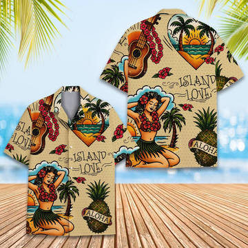 Island Love Hawaiian Shirt Vintage Aloha Guitar & Hula Girl Tropical Button Down