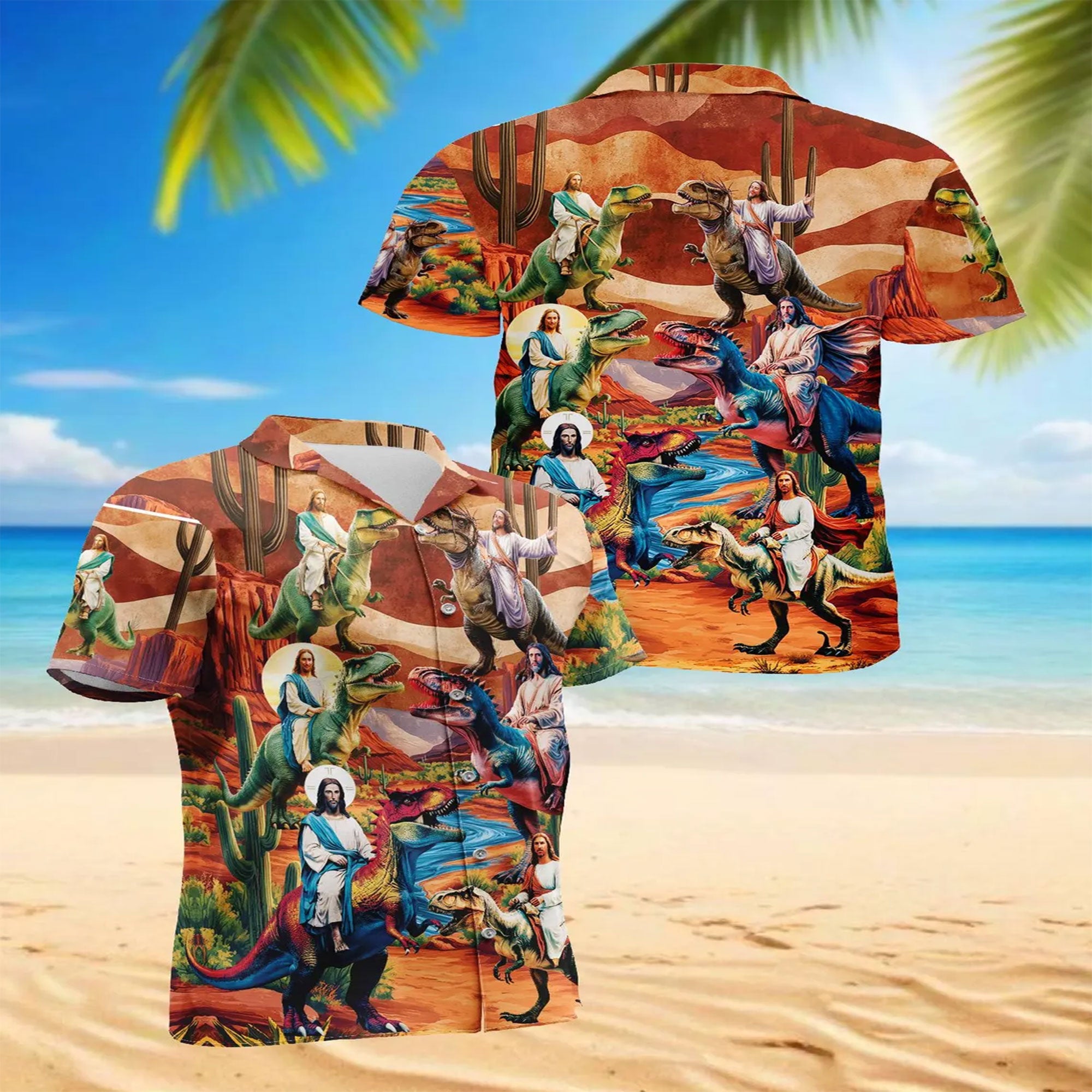 Jesus Riding Dinosaur Hawaiian Shirt, Funny Christian Dino Aloha Shirt, Vintage Style Shirt