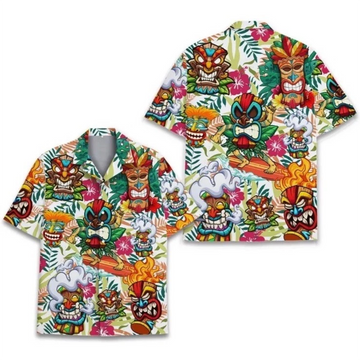 Tiki Mask Floral Hawaiian Shirt, Mens Funny Novelty Button Down Shirt