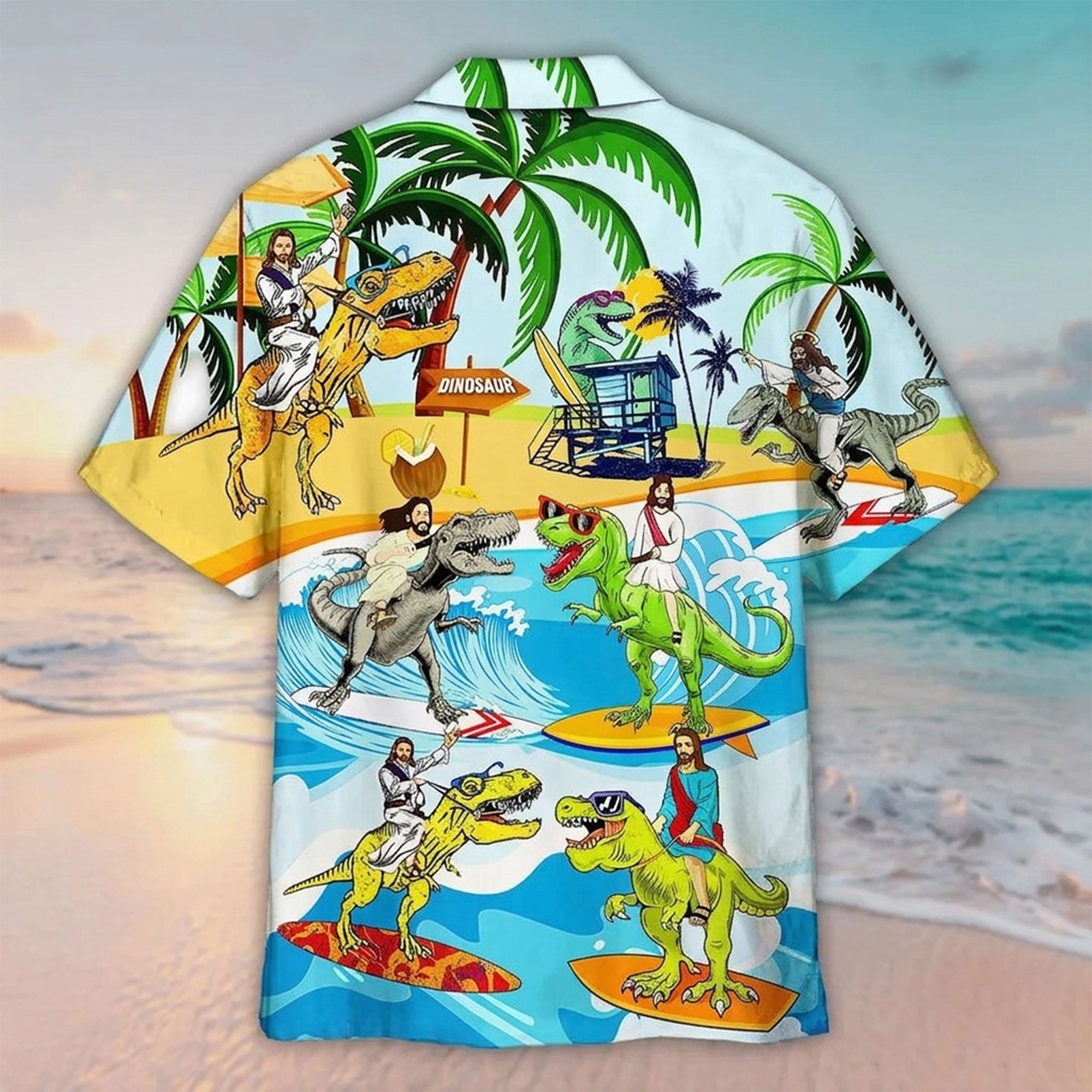 Funny Jesus Riding Dino Hawaiian Shirt, Christian Dinosaur Aloha Beach Party Shirt