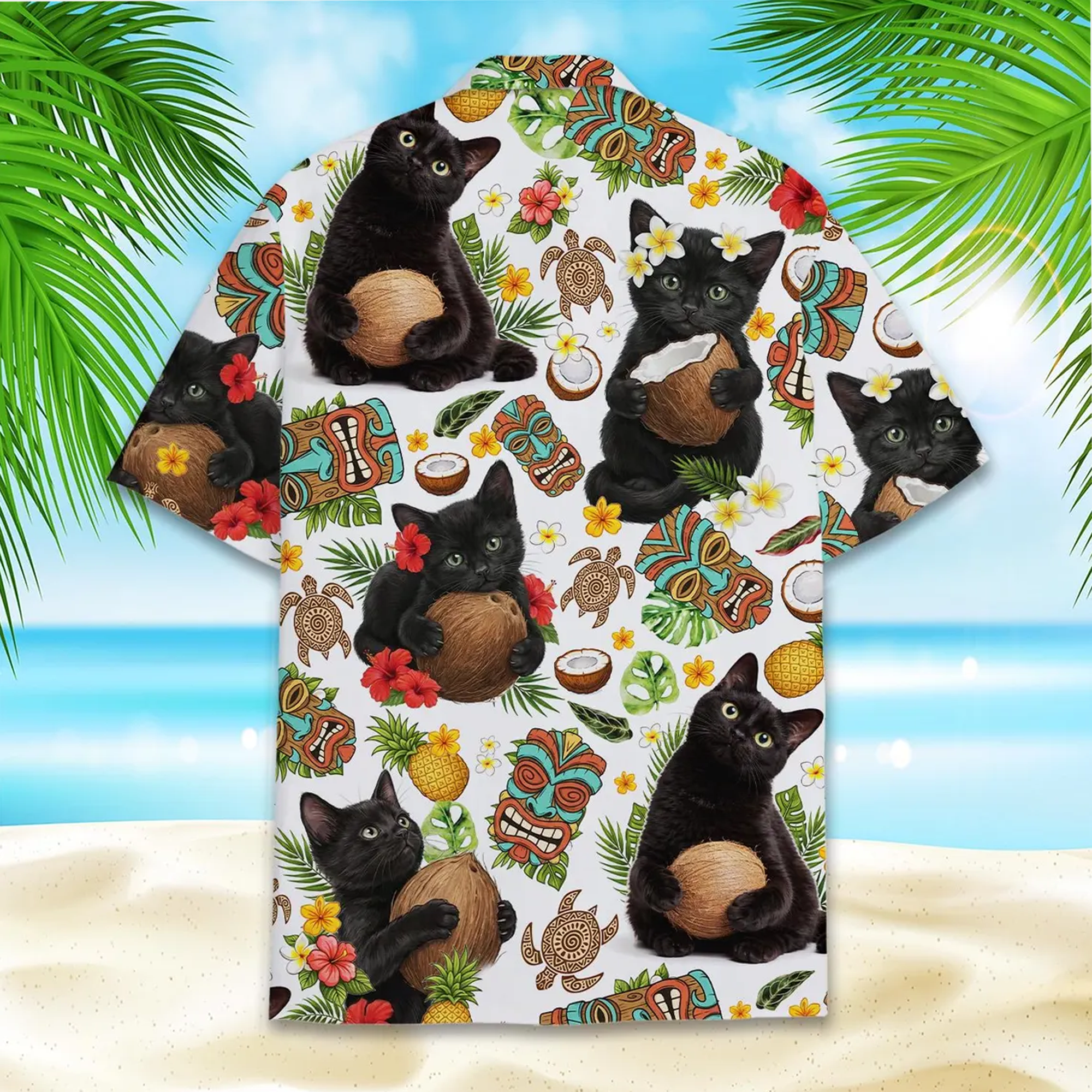 Funny Black Cat Hawaiian Shirt, Coconut Cat Tropical Print Button Up Beach Shirt