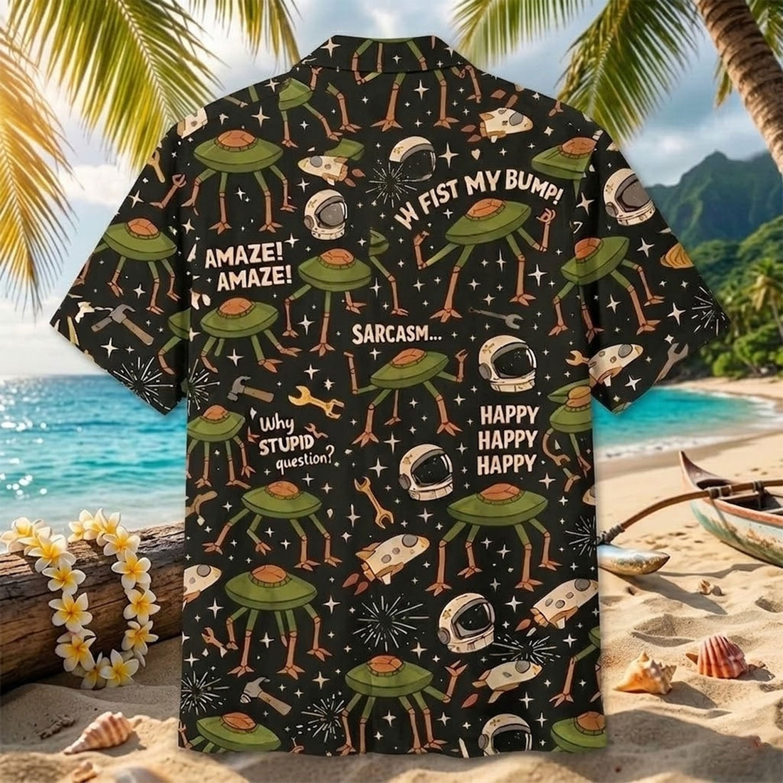 Funny Alien Hawaiian Shirt, UFO Space Aloha Shirt for Men, Sarcastic Humor Button Up Shirt, Astronaut Galaxy Summer Shirt, Gift for Space Lovers