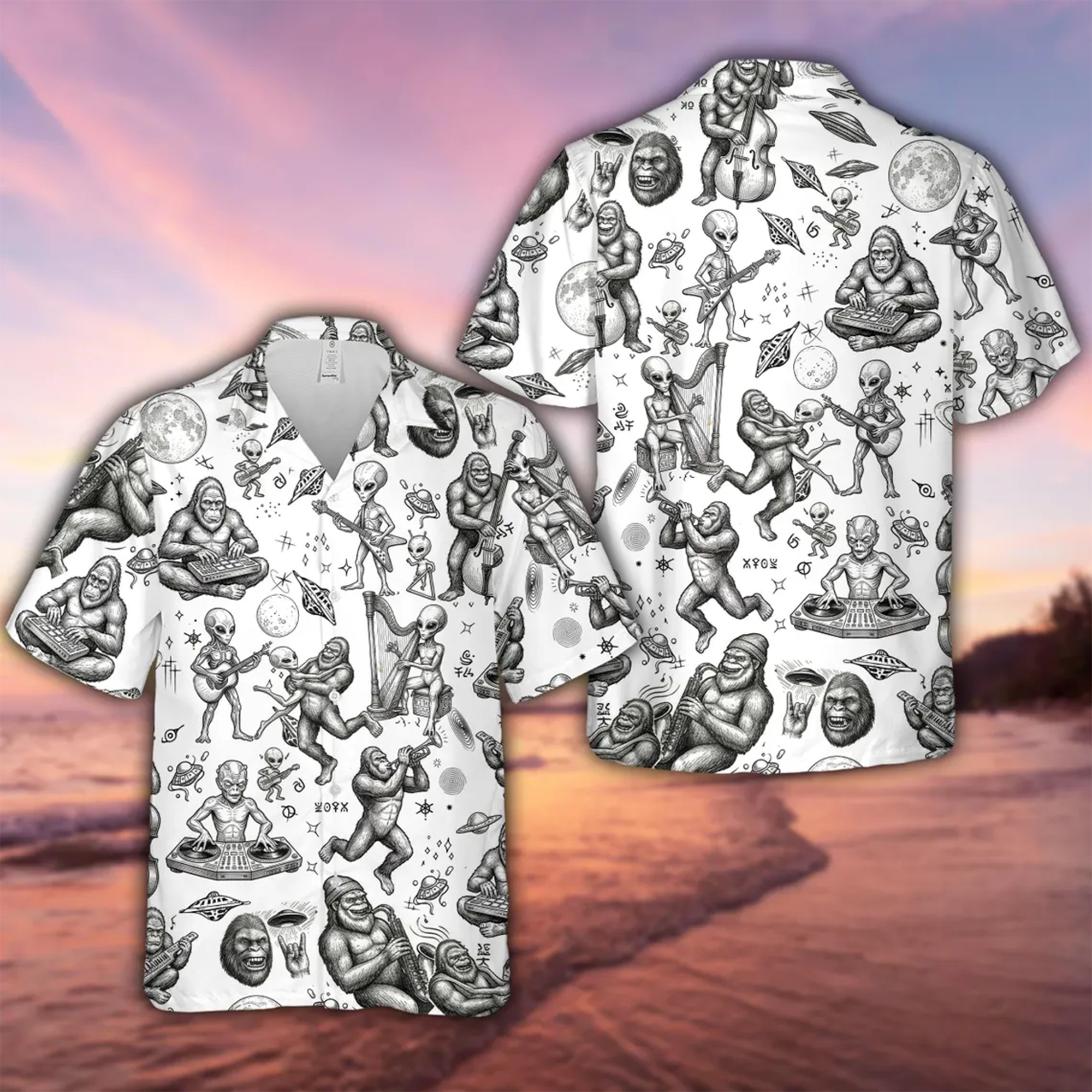 Trippy Mushroom Hawaiian Shirt, Bigfoot Psychedelic Festival Aloha Shirt (Copy)Bigfoot UFO Hawaiian Shirt ,Alien Sasquatch Vintage Sketch Aloha Shirt