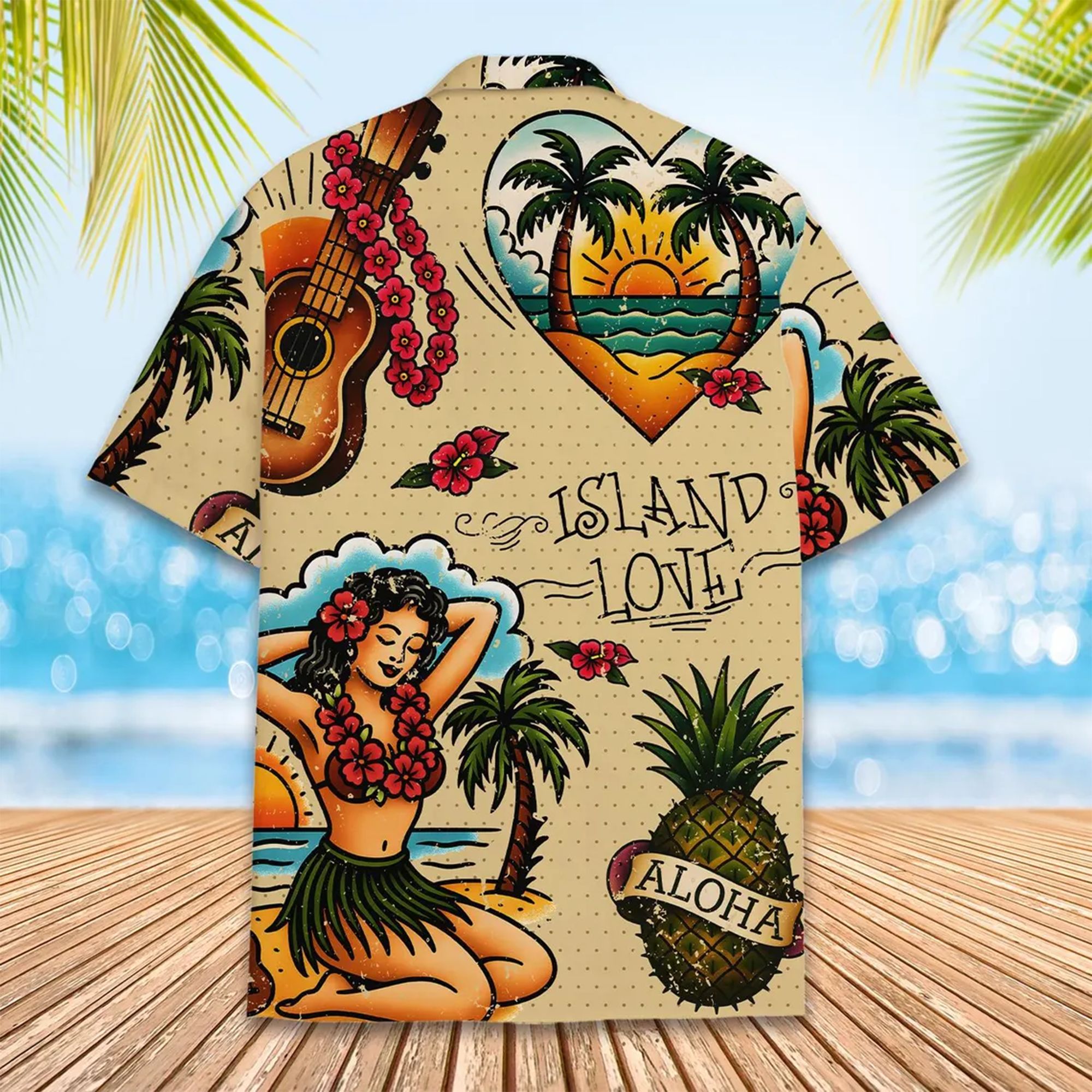 Island Love Hawaiian Shirt Vintage Aloha Guitar & Hula Girl Tropical Button Down
