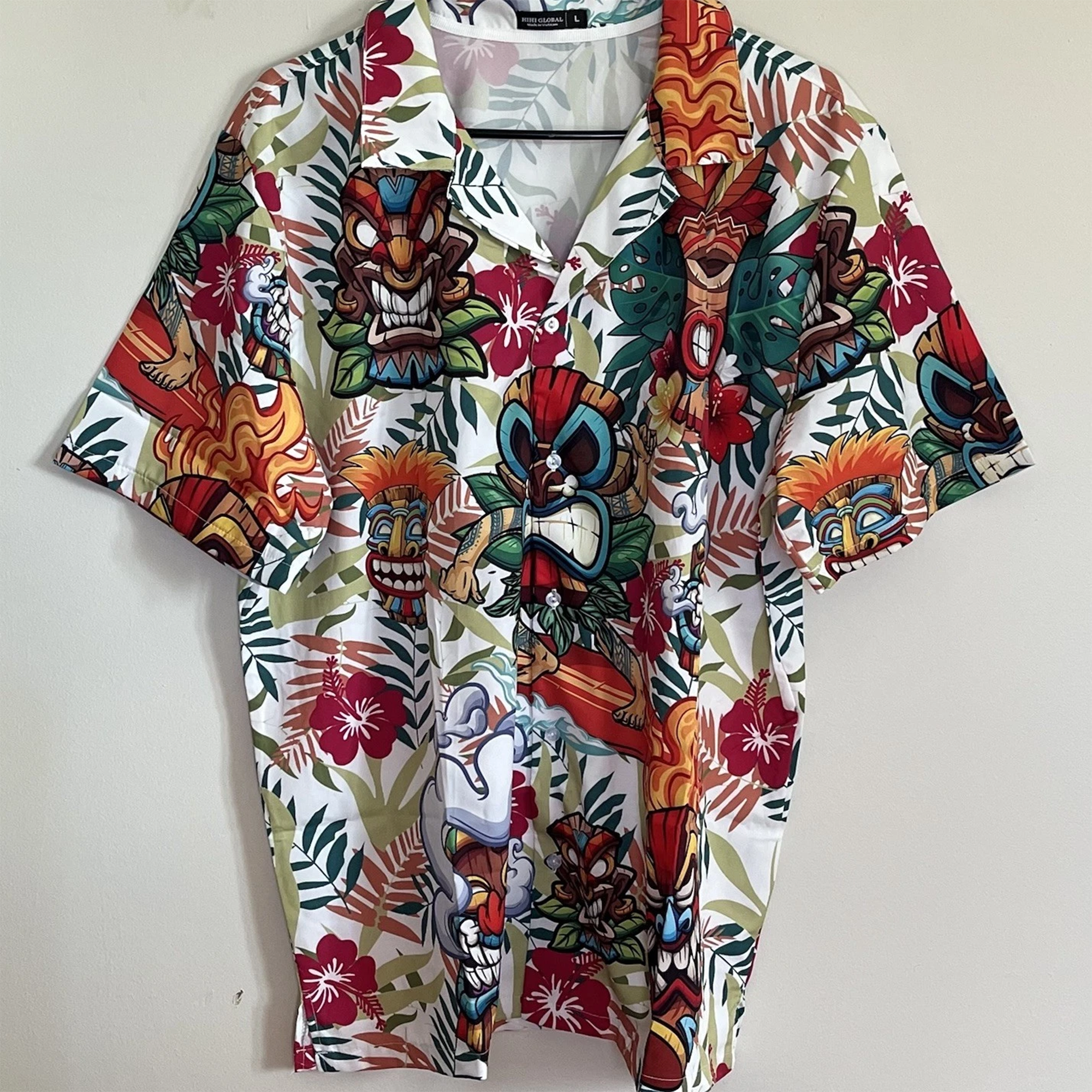 Tiki Mask Floral Hawaiian Shirt, Mens Funny Novelty Button Down Shirt