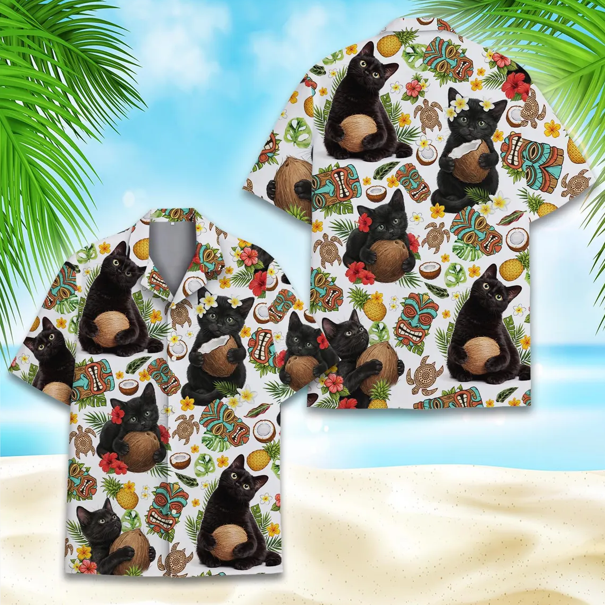 Funny Black Cat Hawaiian Shirt, Coconut Cat Tropical Print Button Up Beach Shirt