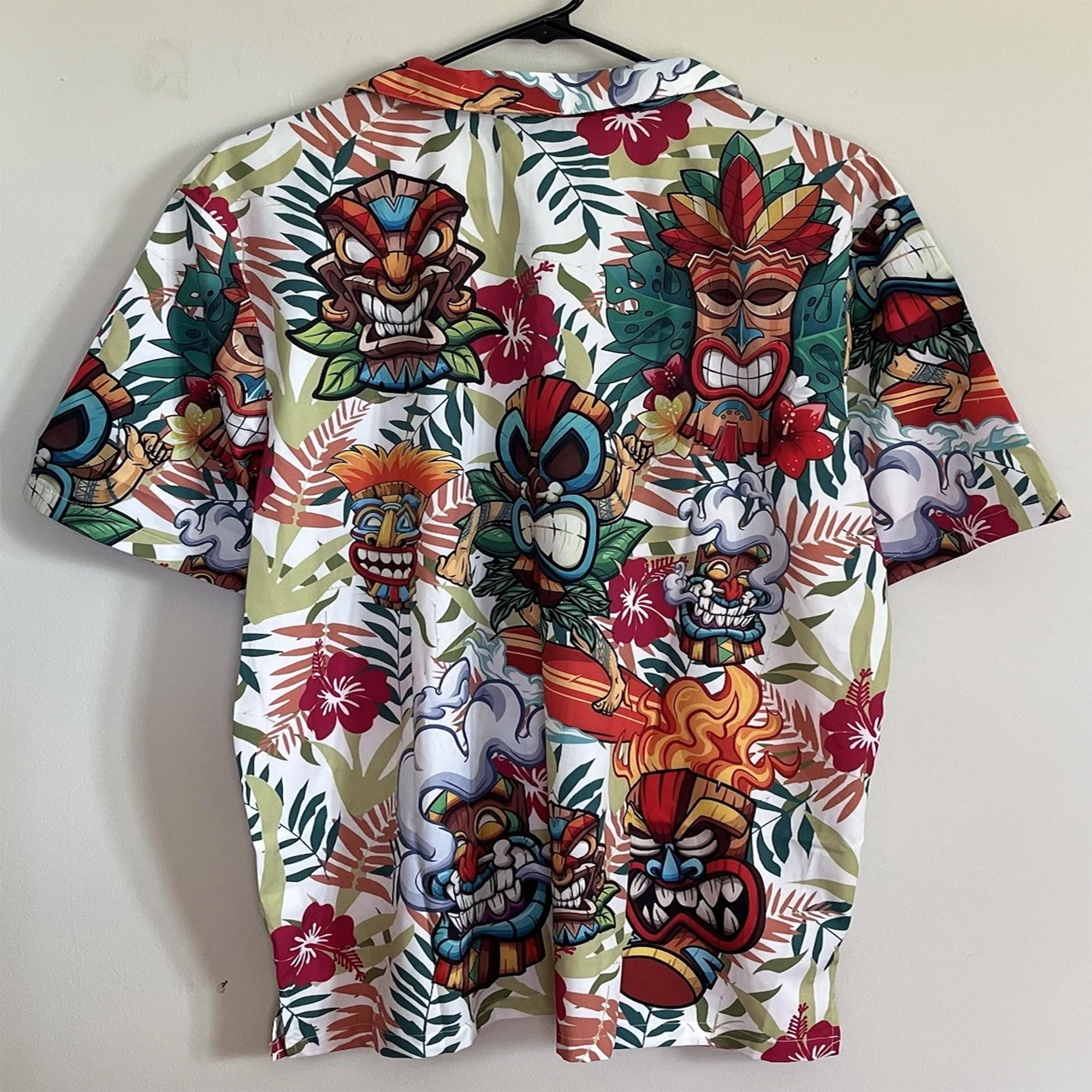 Tiki Mask Floral Hawaiian Shirt, Mens Funny Novelty Button Down Shirt