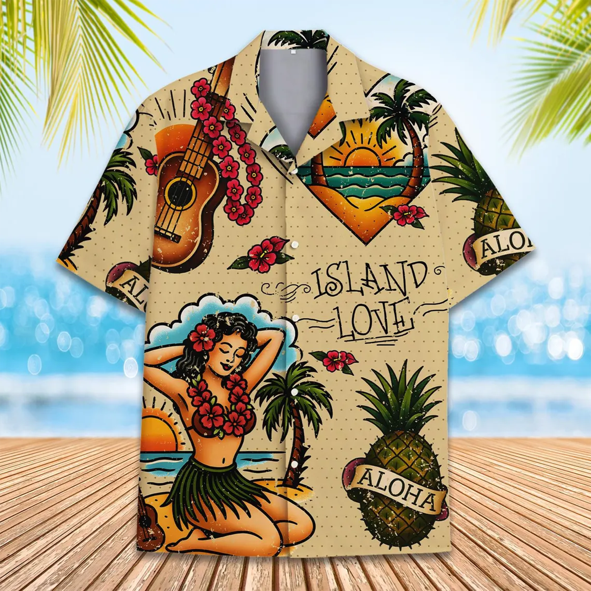 Island Love Hawaiian Shirt Vintage Aloha Guitar & Hula Girl Tropical Button Down