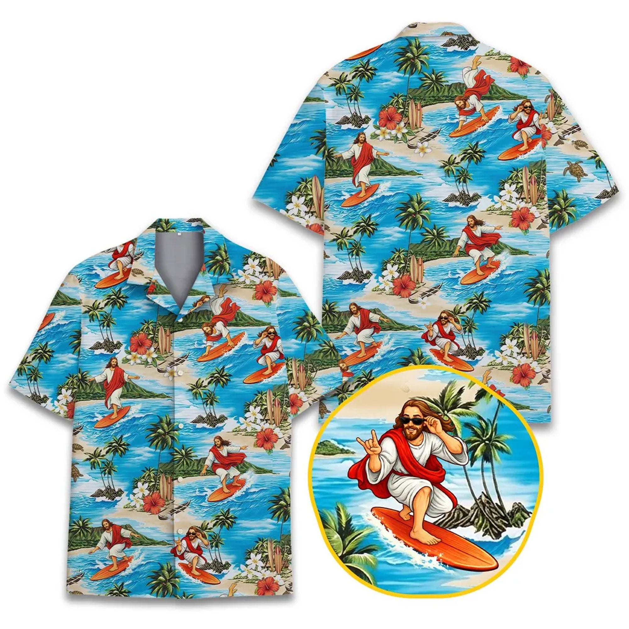 Surfing Jesus Hawaiian Shirt, Funny Christian Beach Aloha Shirt, Religious Summer Shirt