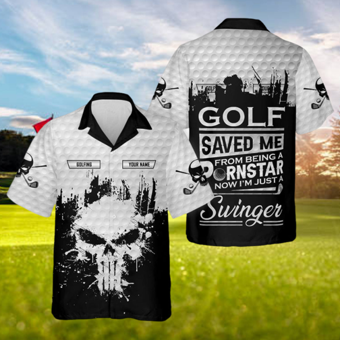 Funny Skull Golf Polo Shirt for Men “Golf Saved Me From Being a Porn Star Now I’m Just a Swinger” Custom White Dad Golf Shirt Gift