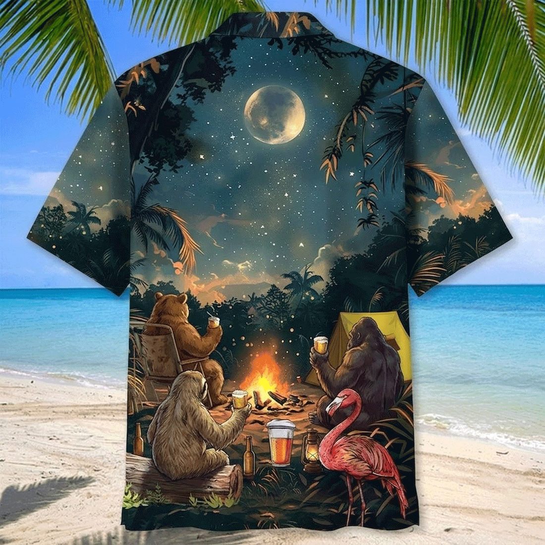 Funny Animal Camping Hawaiian Shirt  Bigfoot Bear Sloth Flamingo Beer Aloha Button Down