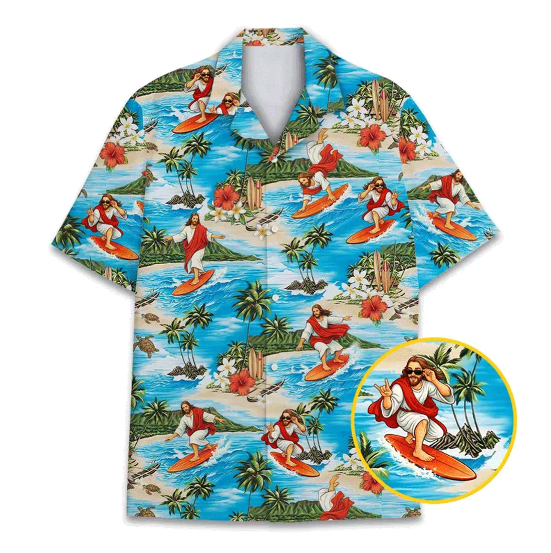 Funny Surfing Jesus Hawaiian Shirt  Christian Aloha Button Down Summer Beach Outfit That Stands Out