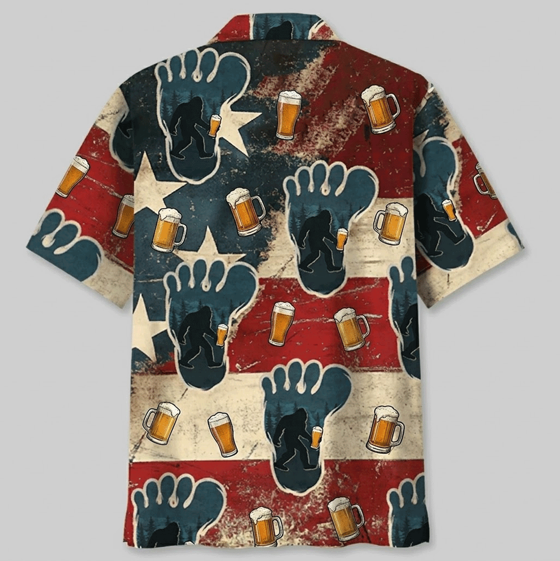 Funny Bigfoot Beer Hawaiian Shirt  American Flag Aloha Button Down Patriotic Outfit That Gets Laughs