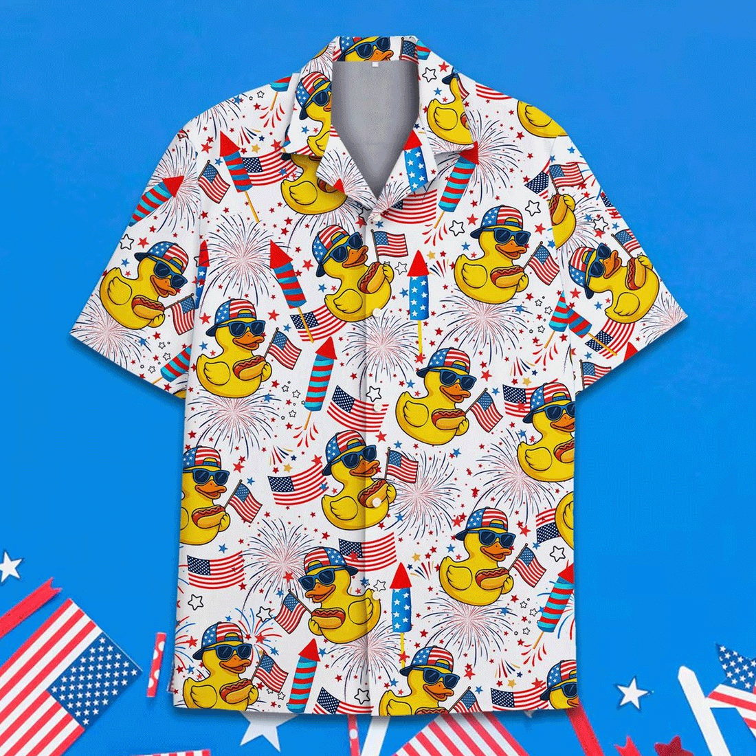 Funny Patriotic Duck Hawaiian Shirt  4th of July Aloha Button Down Independence Day Outfit That Gets Compliments