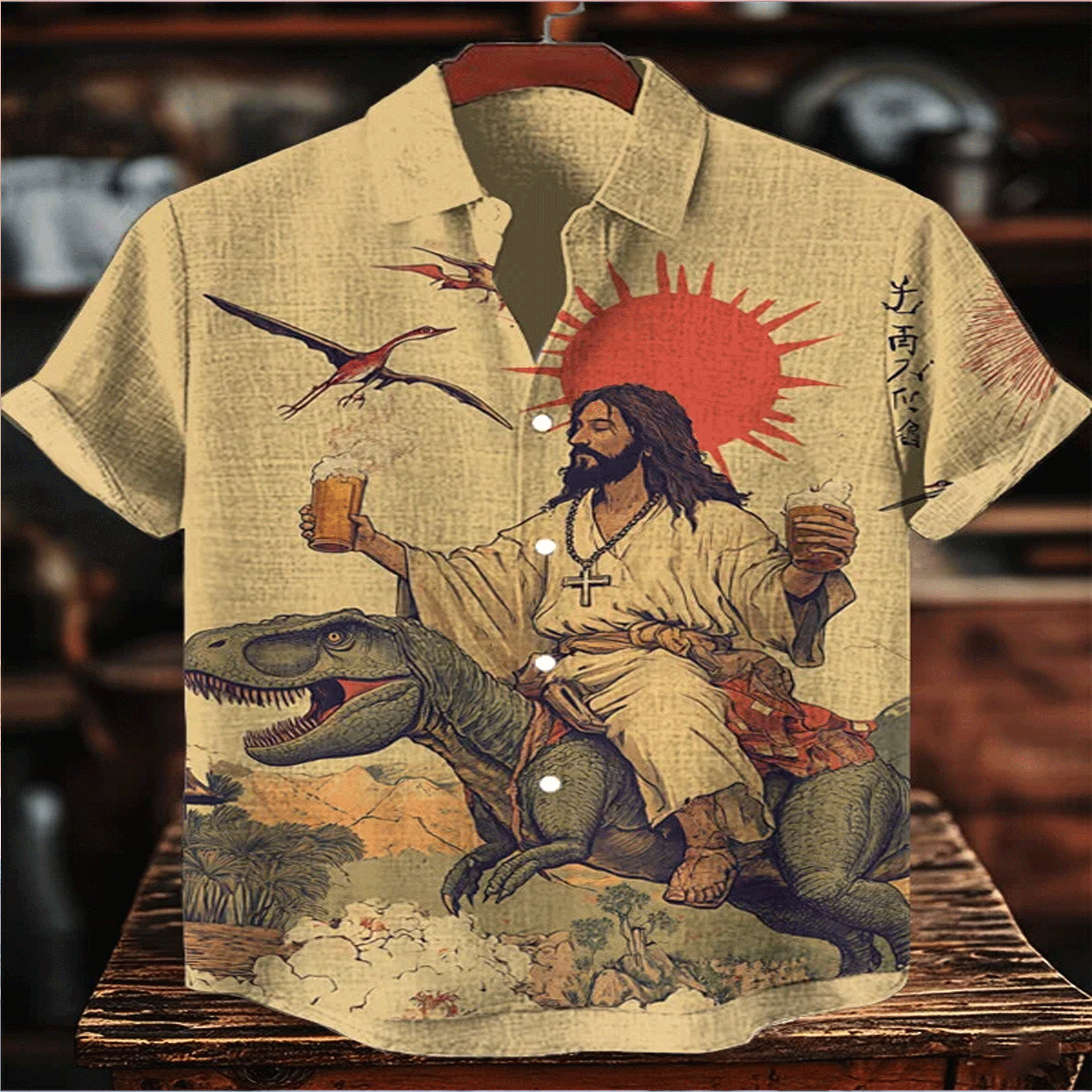 Funny Jesus Riding Dinosaur Hawaiian Shirt  Vintage Beer Aloha Button Down Outfit That Gets Laughs