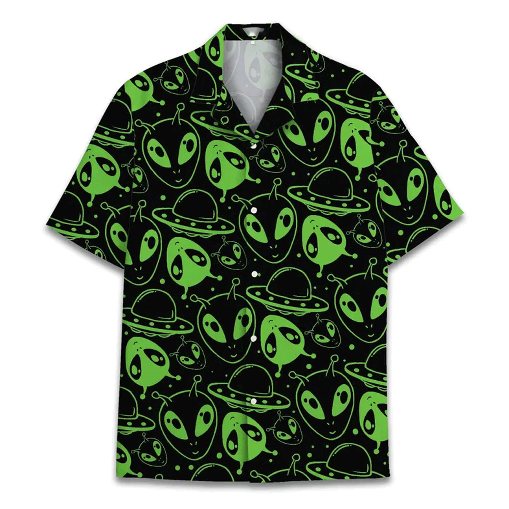 Vintage 80s Alien UFO Hawaiian Shirt  Retro Space Aloha Button Down Tropical Beach Shirt for Men