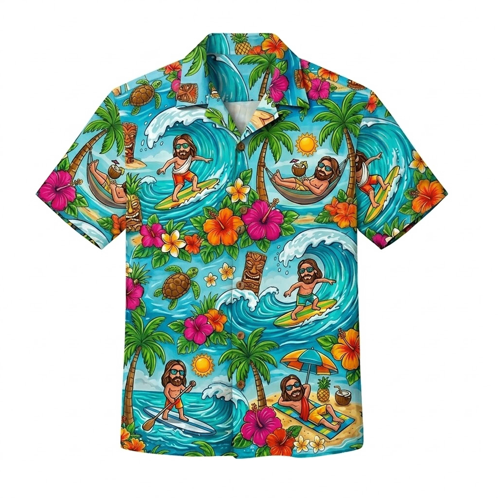 Funny Surfing Jesus Hawaiian Shirt  Tropical Beach Aloha Button Down Summer Vacation Shirt