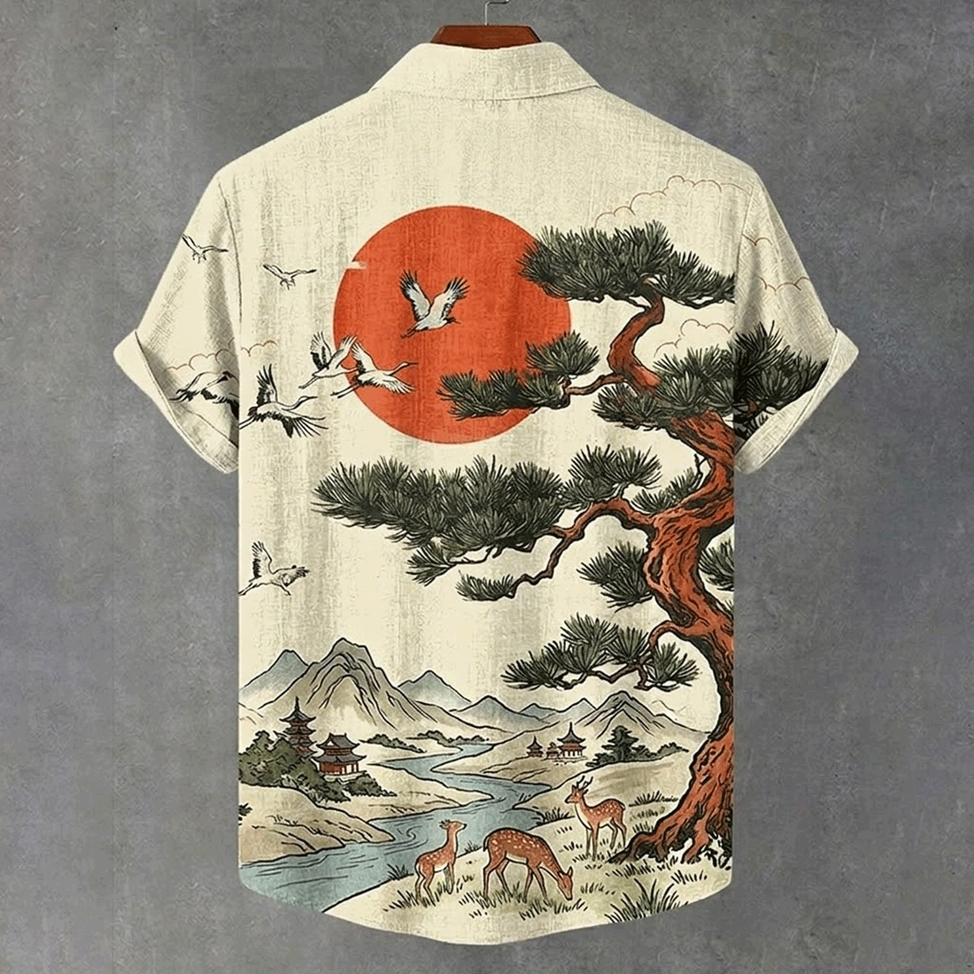 Japanese Style Jesus Hawaiian Shirt  Crane Pine Tree Aloha Button Down Vintage Art Outfit That Stands Out