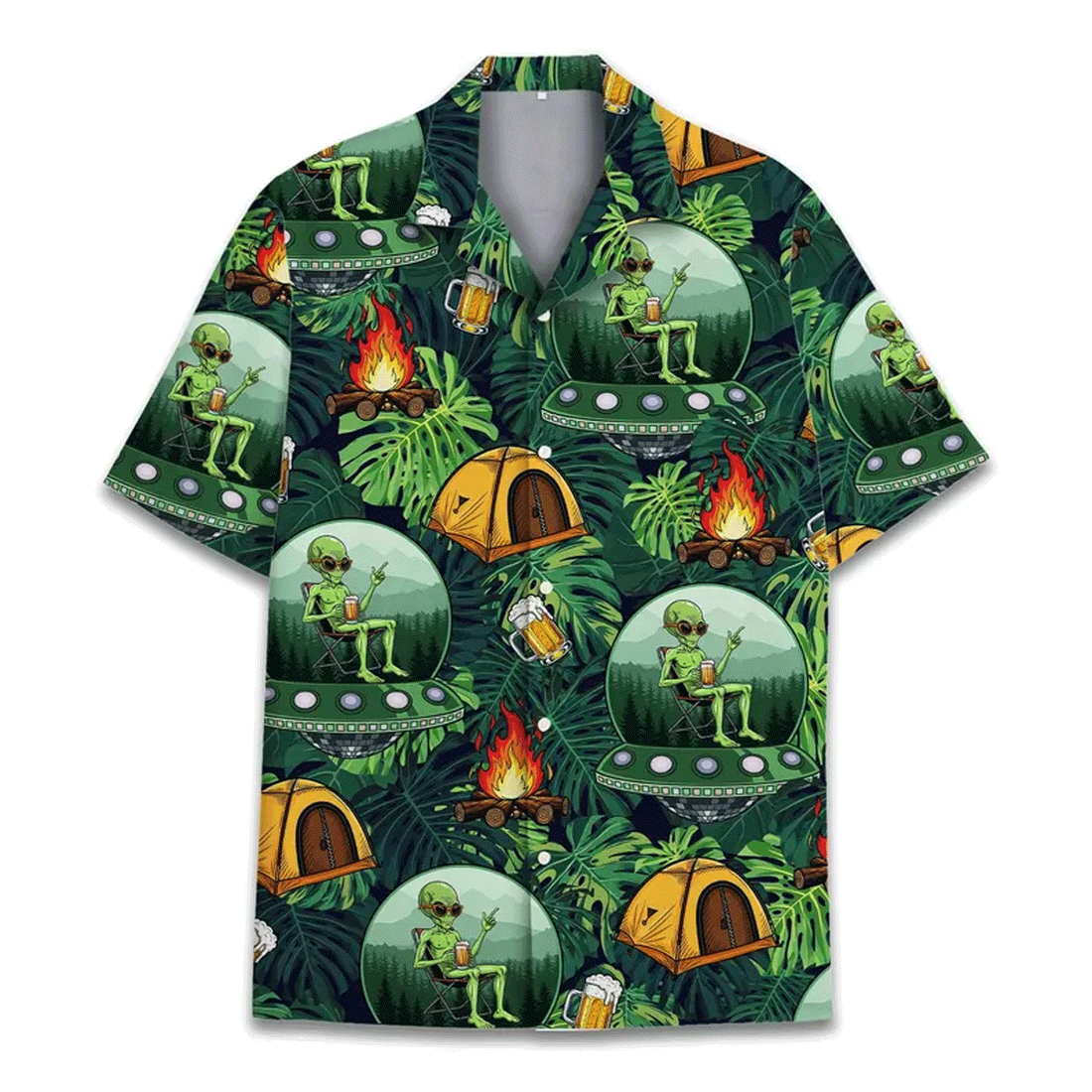 Funny Alien Camping Hawaiian Shirt  UFO Beer Bonfire Aloha Button Down Summer Outfit That Gets Laughs