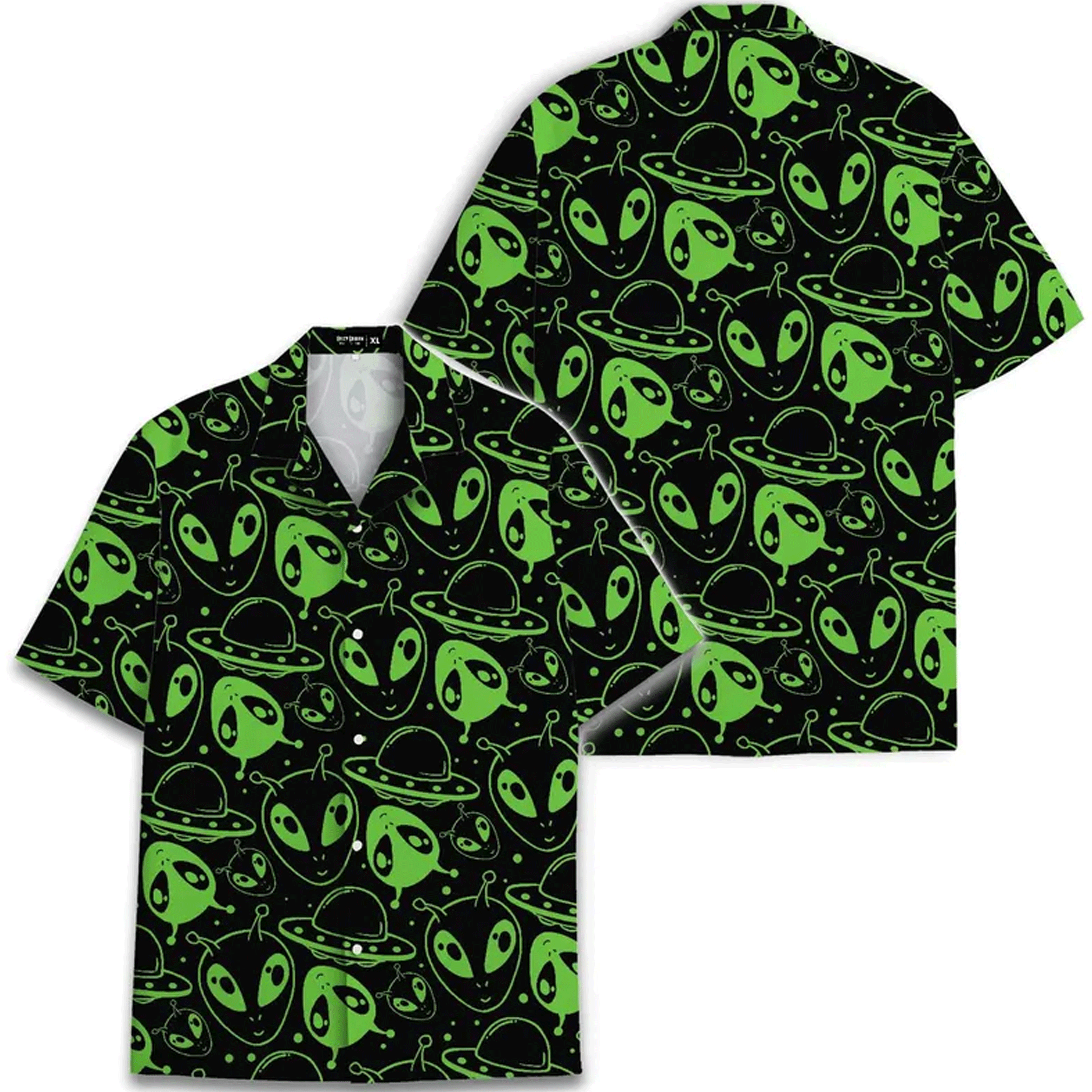 Vintage 80s Alien UFO Hawaiian Shirt  Retro Space Aloha Button Down Tropical Beach Shirt for Men