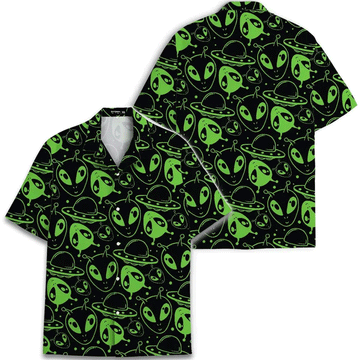 Vintage 80s Alien UFO Hawaiian Shirt  Retro Space Aloha Button Down Tropical Beach Shirt for Men
