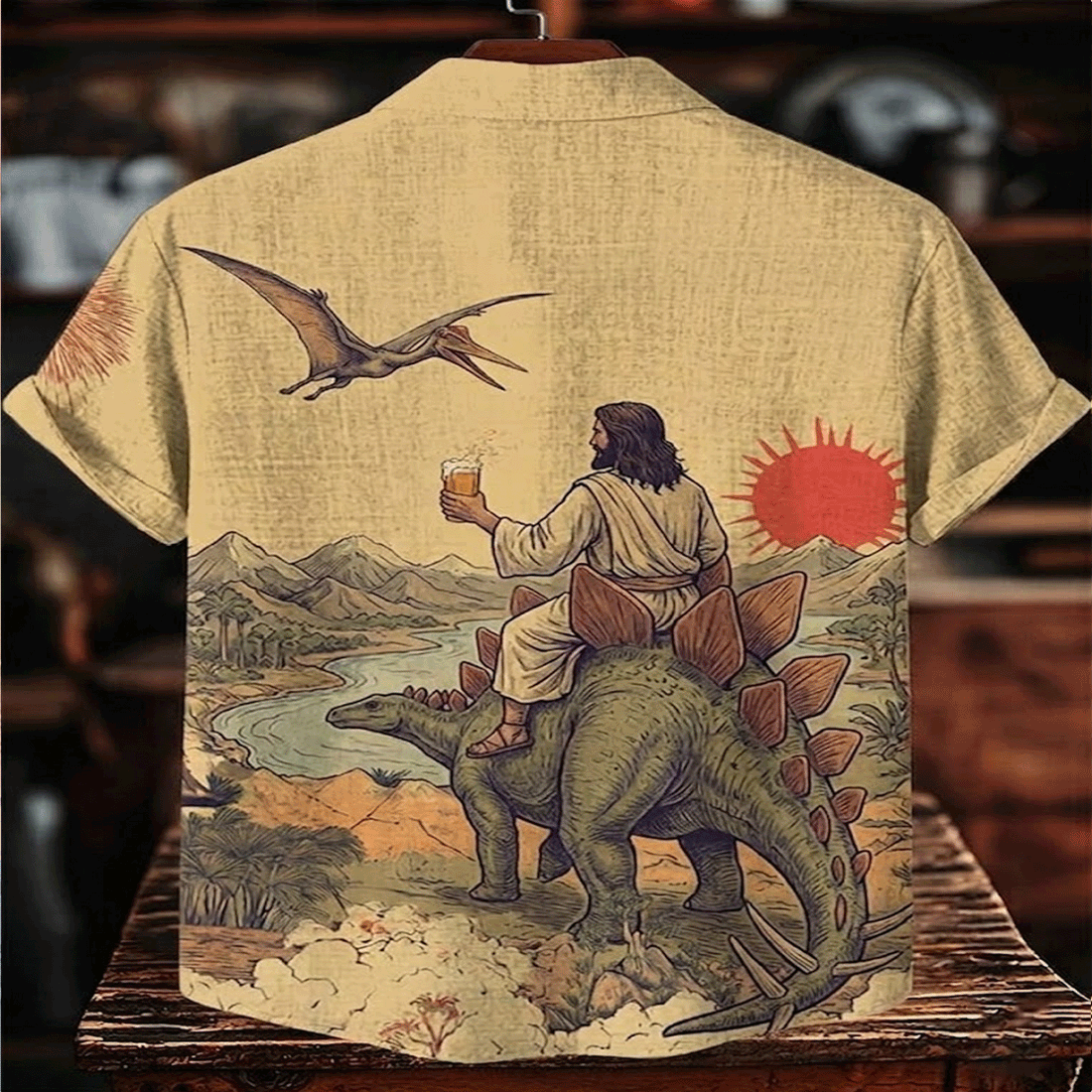 Funny Jesus Riding Dinosaur Hawaiian Shirt  Vintage Beer Aloha Button Down Outfit That Gets Laughs