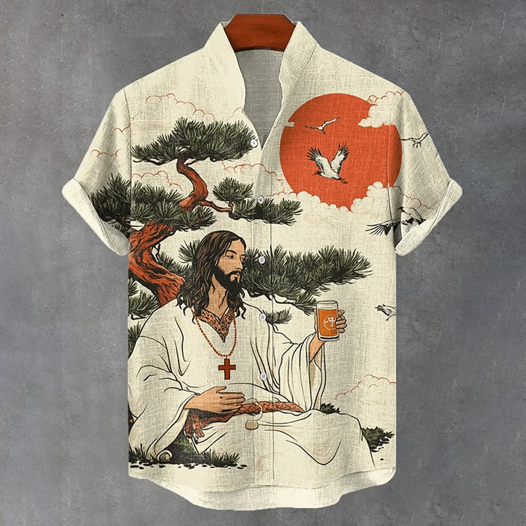 Japanese Style Jesus Hawaiian Shirt  Crane Pine Tree Aloha Button Down Vintage Art Outfit That Stands Out