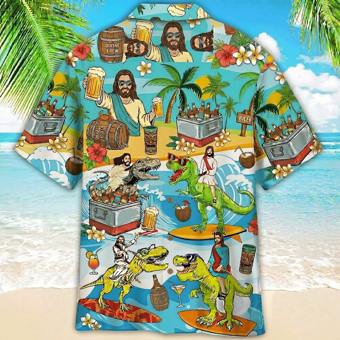 Funny Jesus Riding Dinosaur Hawaiian Shirt Beer Aloha Button Down Summer Outfit That Gets Laughs