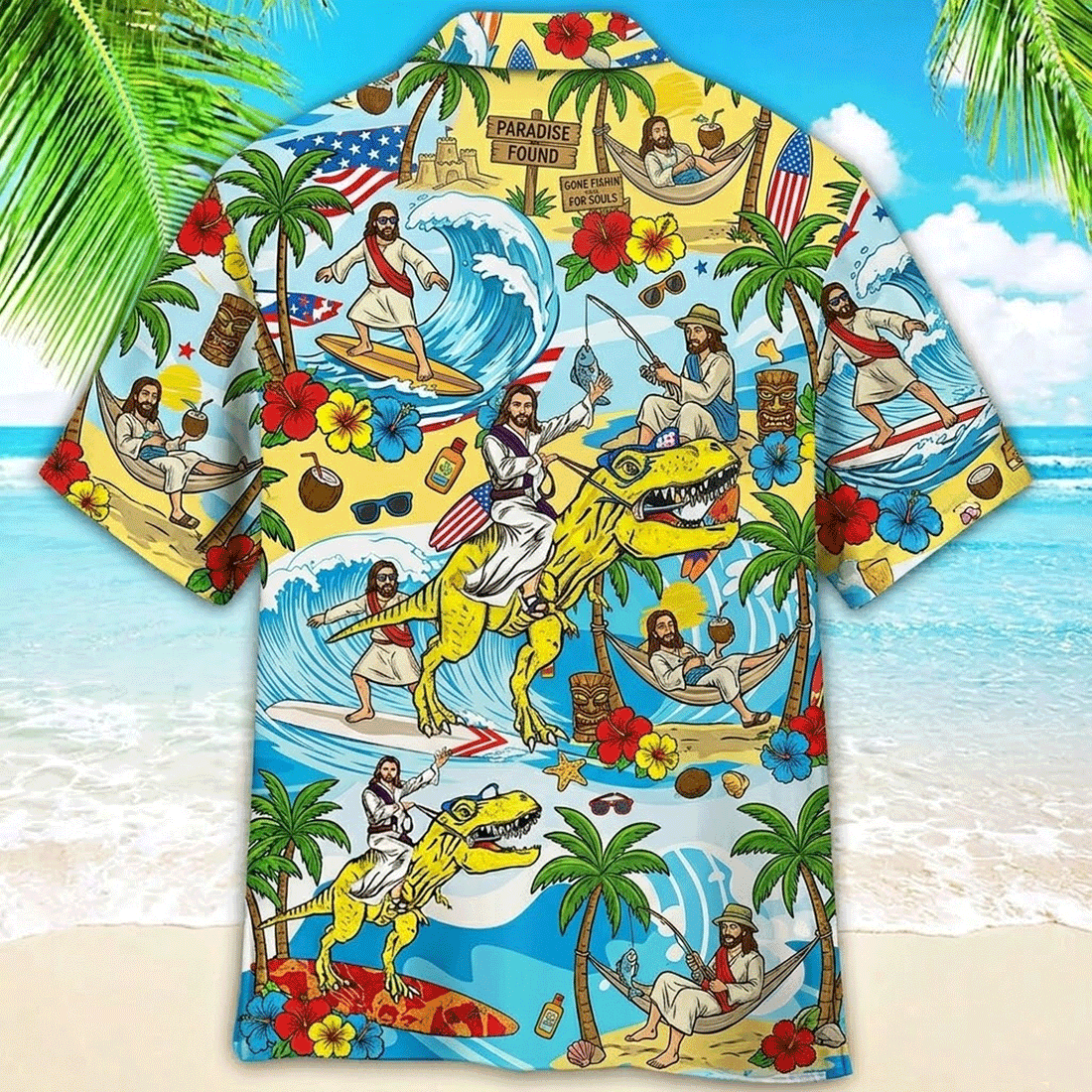 Funny Jesus Surfing Hawaiian Shirt Dino Aloha Button Down Tropical Beach Outfit That Gets Laughs