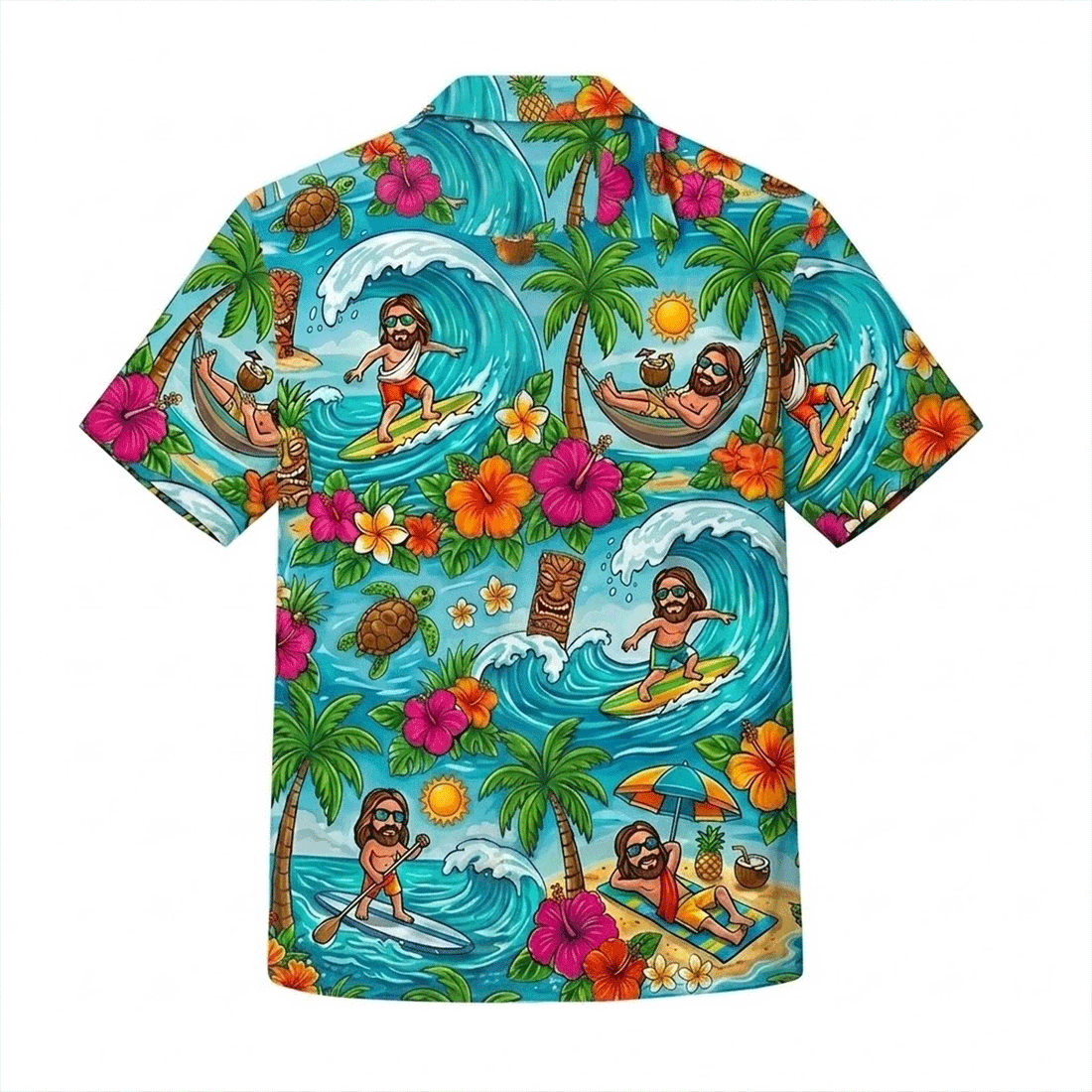 Funny Surfing Jesus Hawaiian Shirt  Tropical Beach Aloha Button Down Summer Vacation Shirt