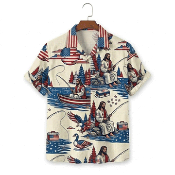 Jesus Fishing American Flag Hawaiian Shirt  Patriotic Aloha Button Down Christian Beach Shirt