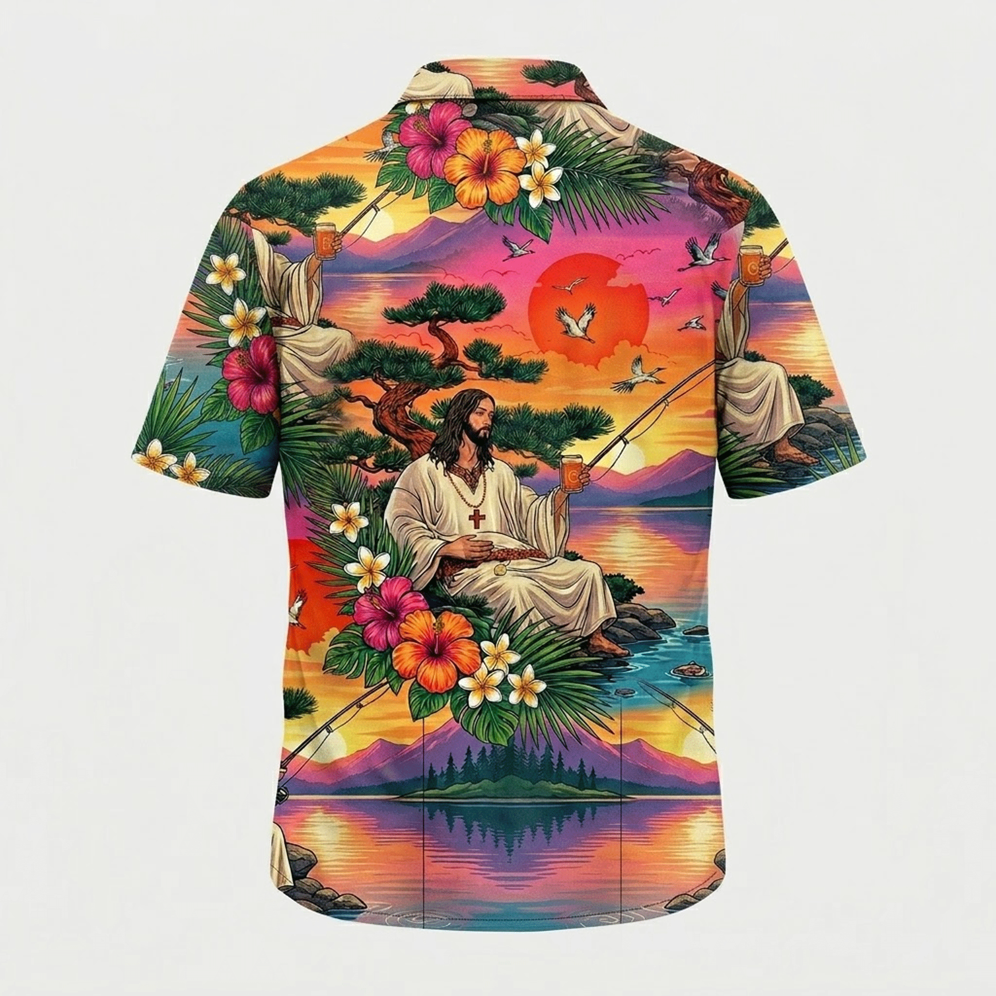 Jesus Fishing Hawaiian Shirt  Sunset Lake Aloha Button Down Tropical Beach Shirt
