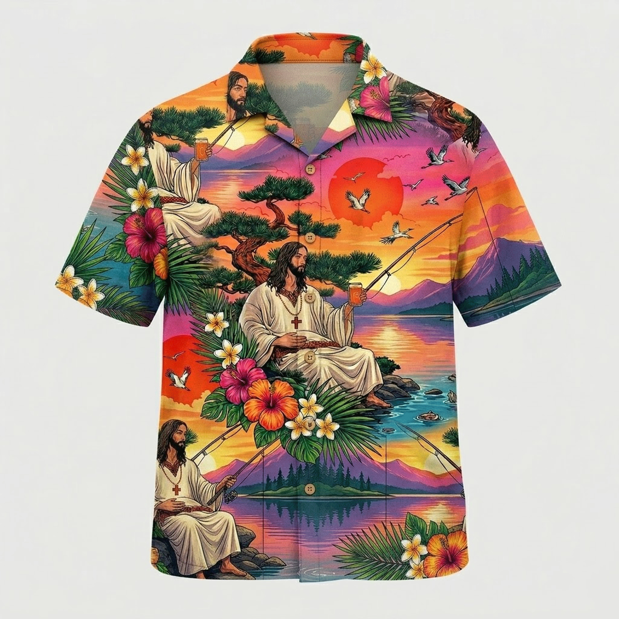 Jesus Fishing Hawaiian Shirt  Sunset Lake Aloha Button Down Tropical Beach Shirt