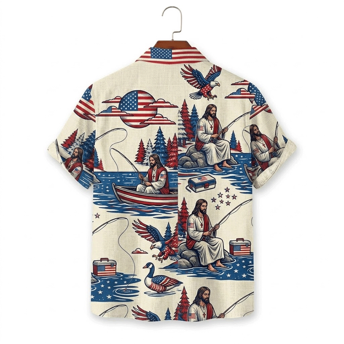 Jesus Fishing American Flag Hawaiian Shirt  Patriotic Aloha Button Down Christian Beach Shirt