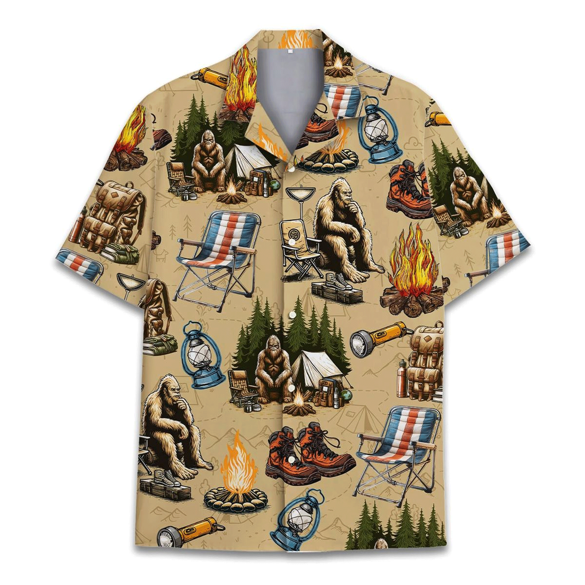 Funny Bigfoot Camping Hawaiian Shirt  Sasquatch Hiking Aloha Button Down Outdoor Outfit That Gets Laughs