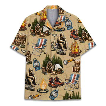 Funny Bigfoot Camping Hawaiian Shirt  Sasquatch Hiking Aloha Button Down Outdoor Outfit That Gets Laughs