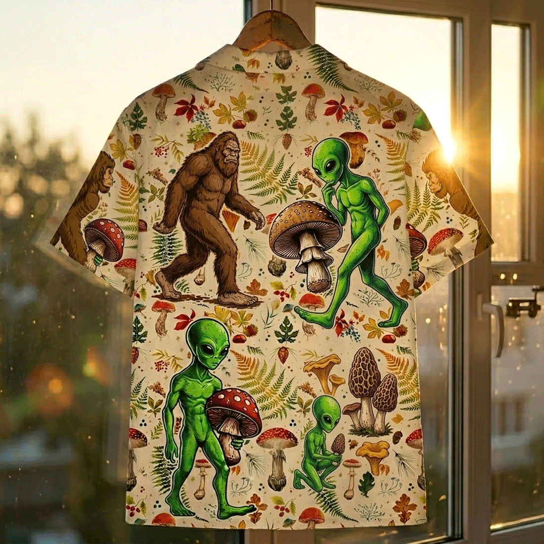 Funny Bigfoot Alien Hawaiian Shirt  Mushroom Aloha Button Down Summer Beach Outfit That Stands Out
