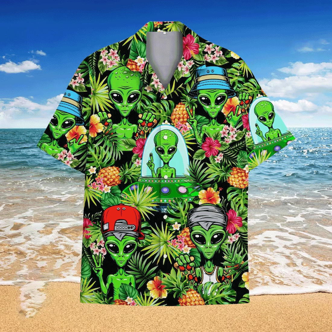 Tropical Alien Hawaiian Shirt  Galaxy Space Aloha Button Down Summer Beach Outfit That Stands Out