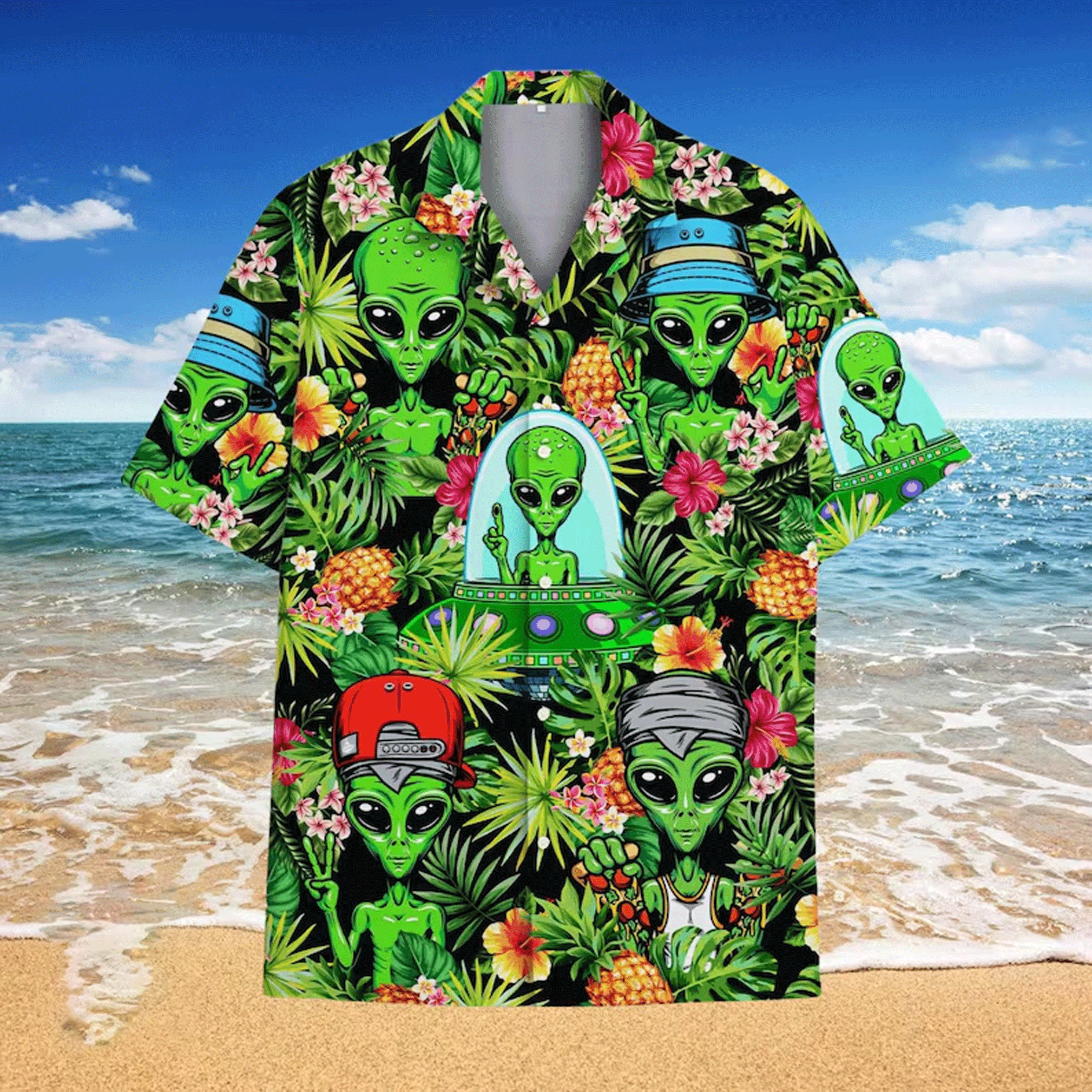 Tropical Alien Hawaiian Shirt  Galaxy Space Aloha Button Down Summer Beach Outfit That Stands Out