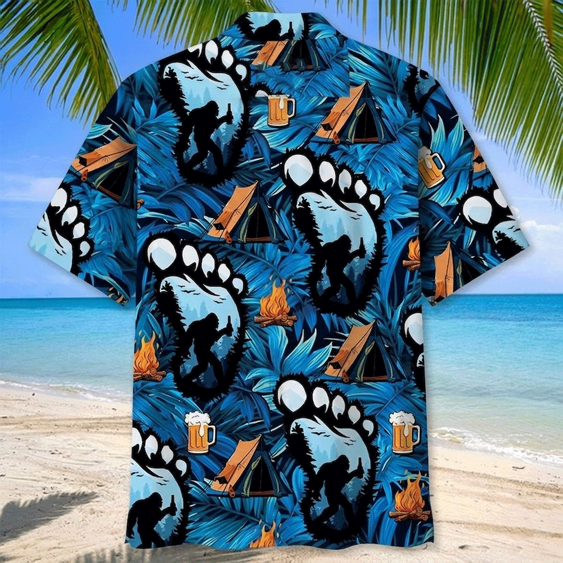 Funny Bigfoot Camping Hawaiian Shirt  Sasquatch Beer Aloha Button Down,Summer Beach Outfit That Gets Laughs