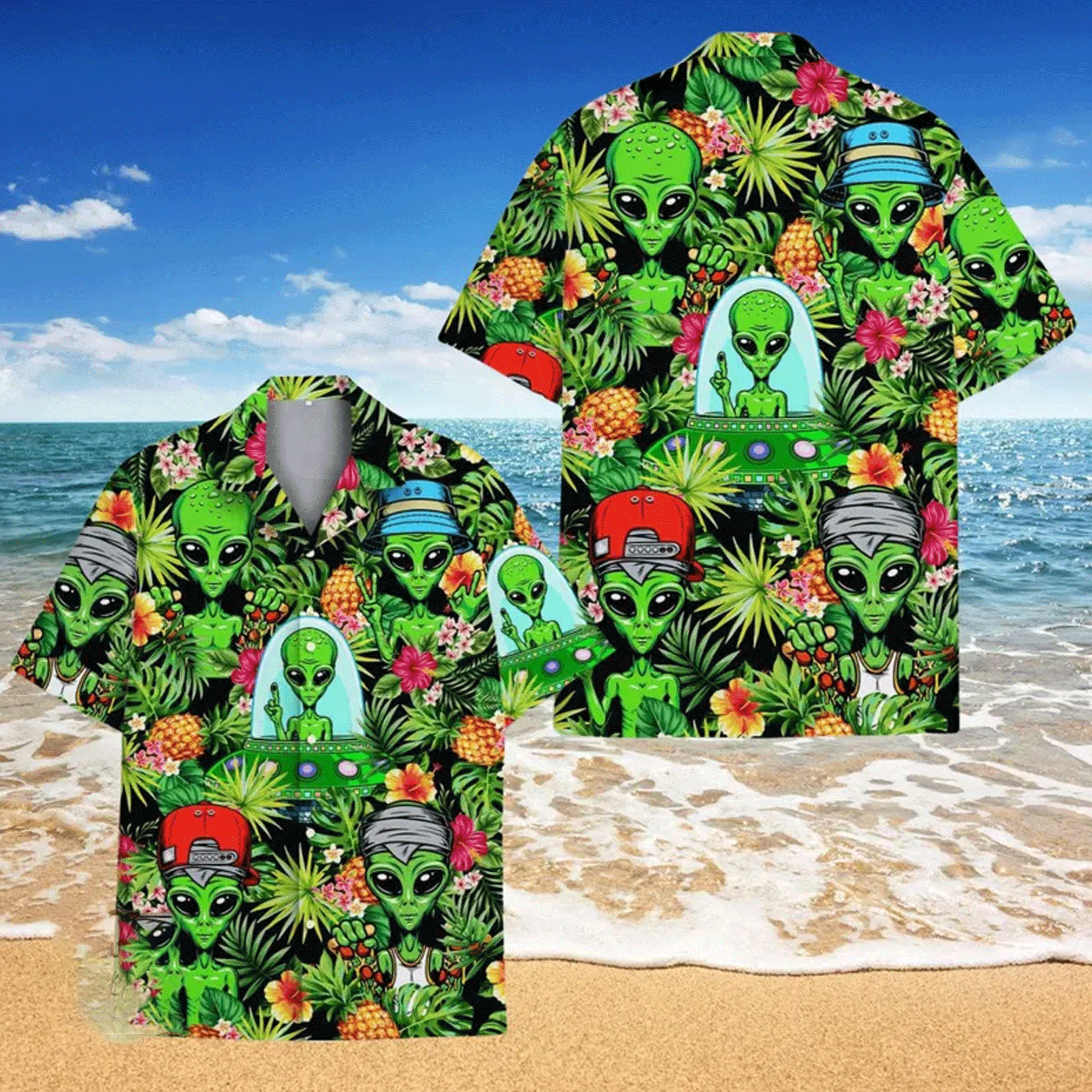 Tropical Alien Hawaiian Shirt  Galaxy Space Aloha Button Down Summer Beach Outfit That Stands Out