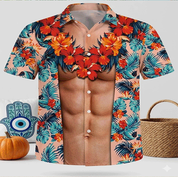 Funny ABS Hawaiian Shirt  Six Pack Illusion Aloha Button Down Summer Beach Outfit That Gets Laughs